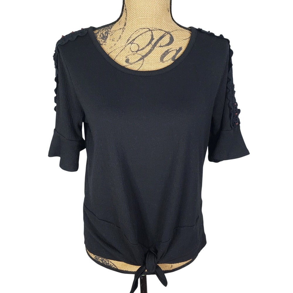 AGB Size‎ Medium Black Wooden Bead Flared Sleeve Tie Front Casual Knit Blouse